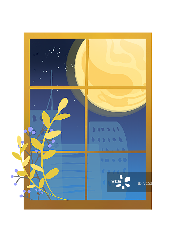 中秋节月亮满月城市赏月窗外的风景免扣插画元素图片素材