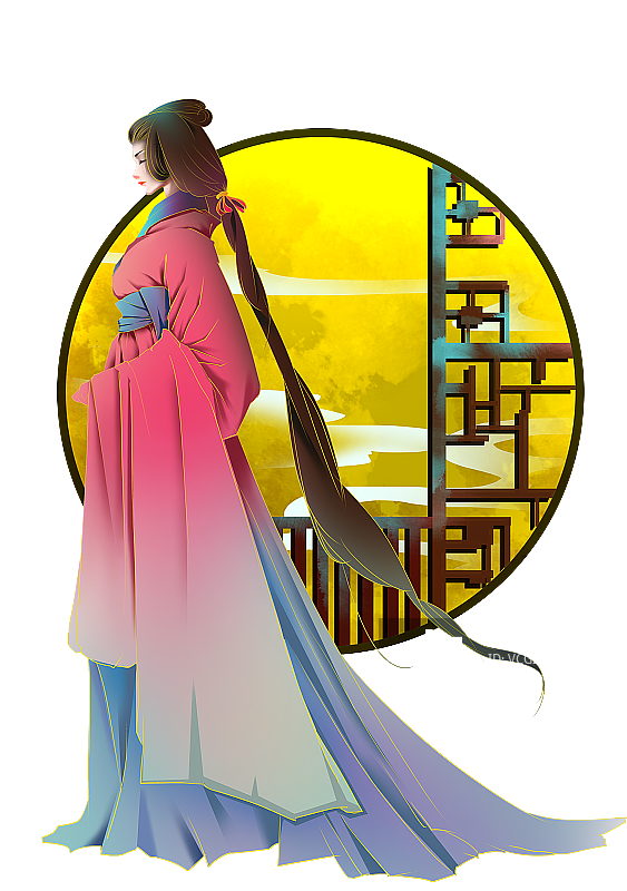 中秋节满月圆月窗外女子汉服免扣插画元素图片素材