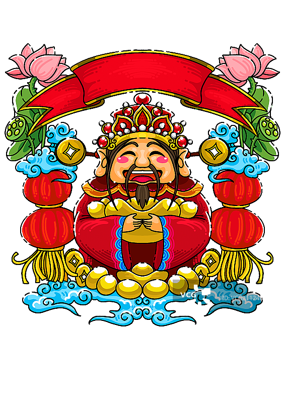 财神送财吉祥荷花灯笼海浪金元宝装饰插画元素图片素材