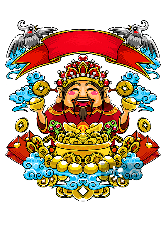 财神双手送财吉祥如意喜鹊报喜祥云金元宝装饰插画元素插画小元素图片素材