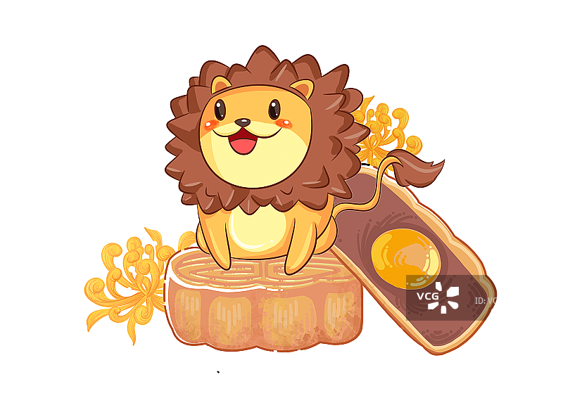 小狮子坐在月饼上免扣插画元素图片素材