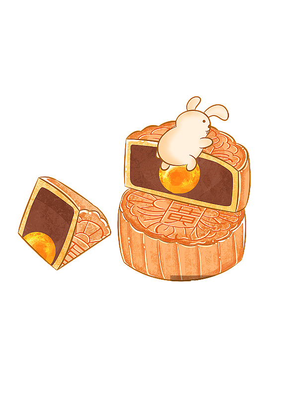 中秋节切开咸蛋黄月饼和白色兔子免扣插画元素图片素材