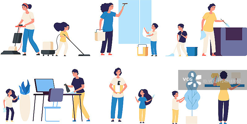 孩子和父母一起清洁图片素材