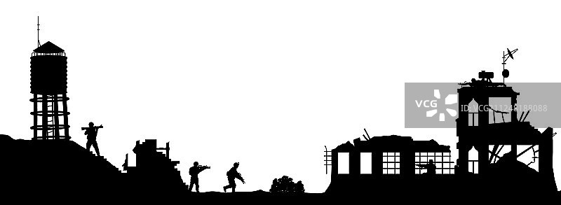黑色剪影士兵突击房屋图片素材