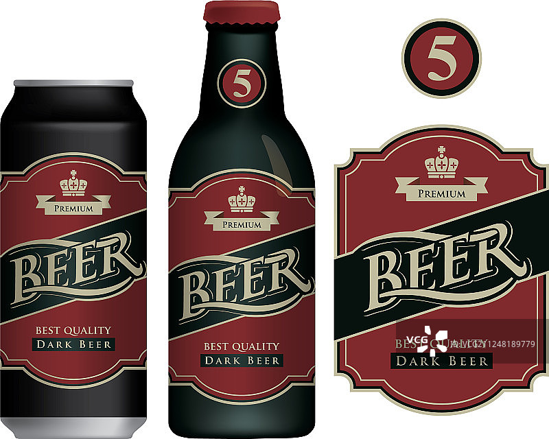 啤酒罐和瓶子上的啤酒标签图片素材