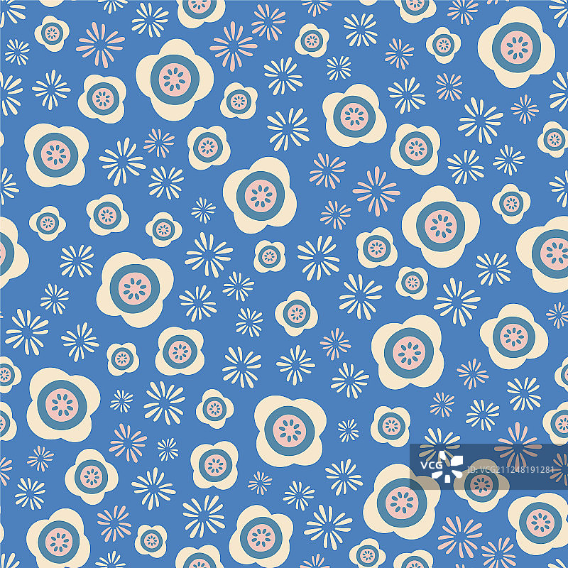 风格化的粉色和奶油色花朵在蓝色背景上图片素材