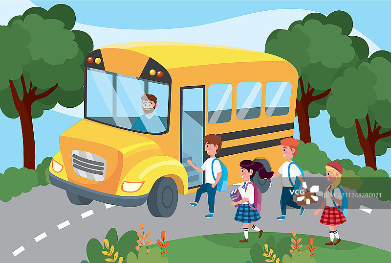 校车内的司机和学生图片素材