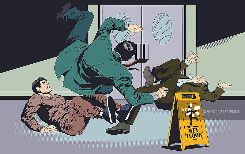 商人滑倒在湿地板上警告标志图片素材
