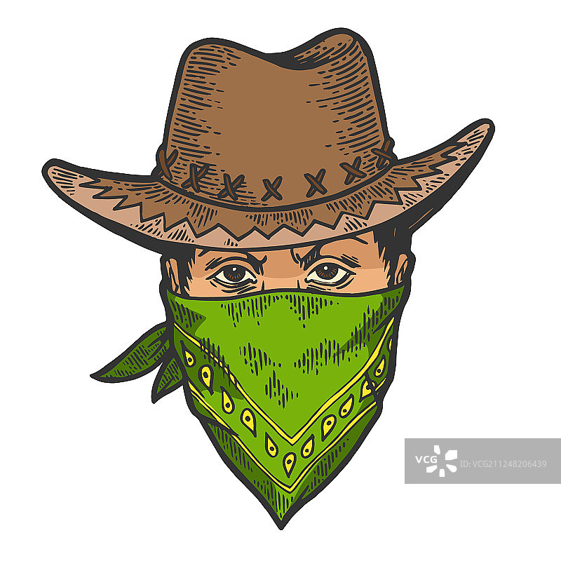 牛仔头巾面罩素描雕刻图片素材