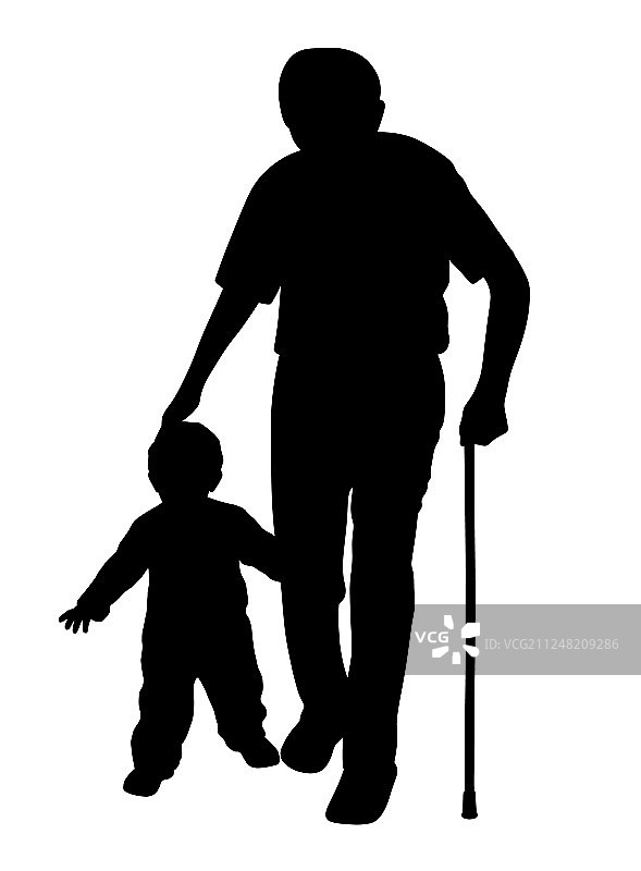 祖父拄拐杖与孩子同行图片素材