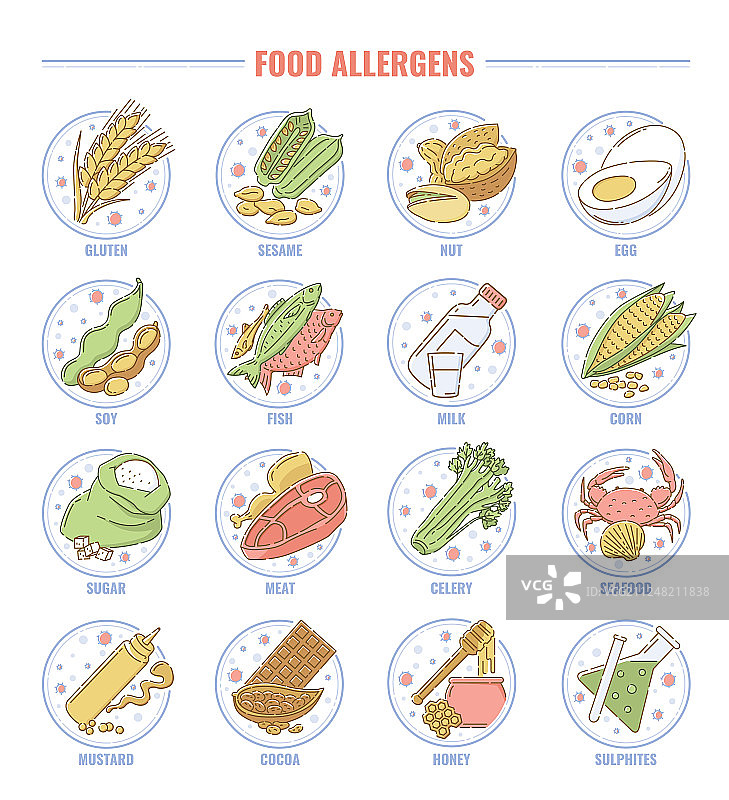 食物过敏原套装合集：麸质、坚果、鱼类图片素材