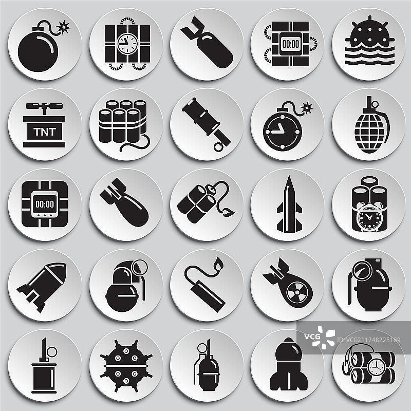 盘子背景上的炸弹和武器图标集图片素材