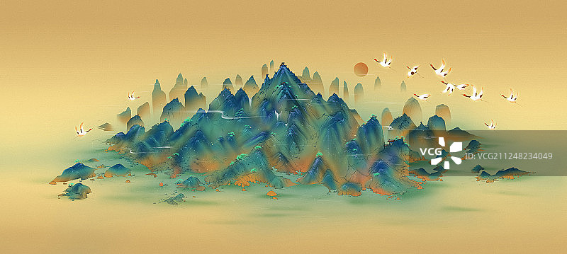 密集陡峭的山脉天空中有几只仙鹤在飞翔 传统中国风山水国画图片素材