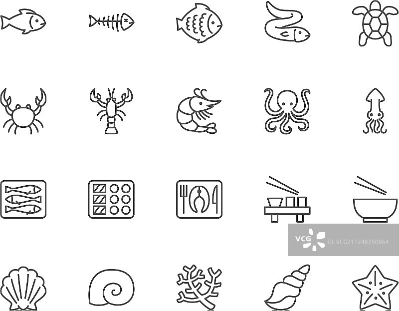 海鲜线性图标鱼骨鱼套装图片素材