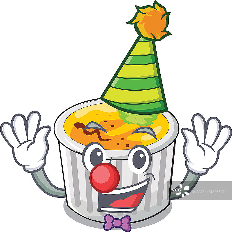 吉祥物盘子上供应的小丑焦糖布丁图片素材