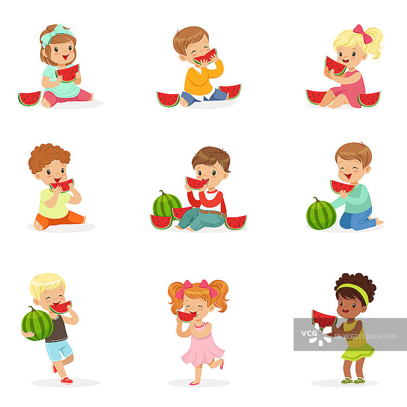 可爱的小孩子们吃西瓜，健康饮食图片素材