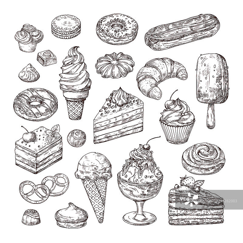 甜点蛋糕、糕点和冰淇淋苹果素描图片素材