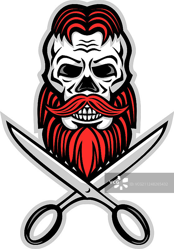 带头发、胡须和剪刀的头骨吉祥物图片素材