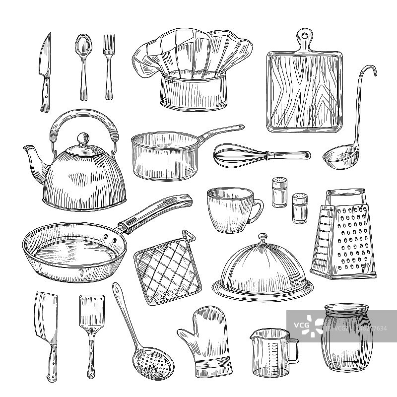 手绘烹饪工具厨房设备图片素材