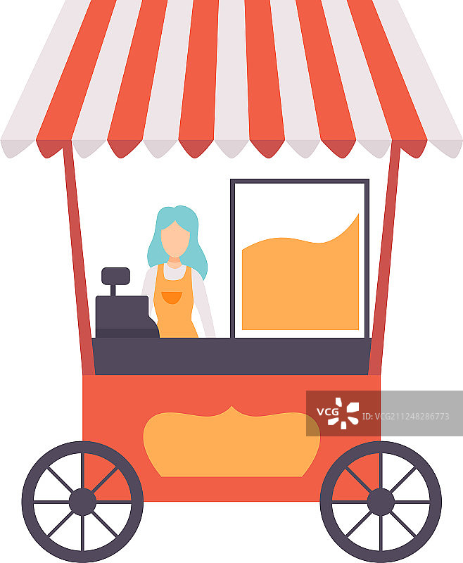 带有女性售货员的爆米花车街头食品图片素材