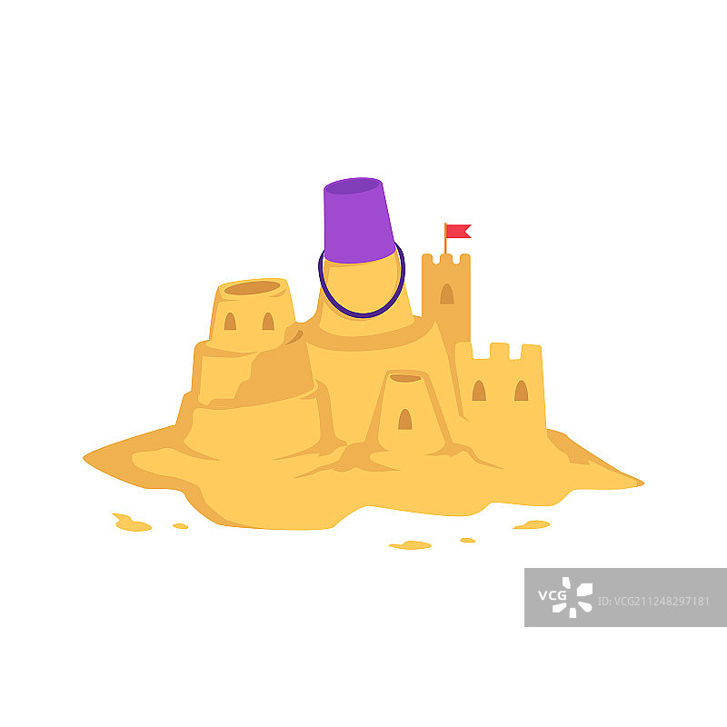 带有儿童玩具桶和小红旗的沙堡图片素材