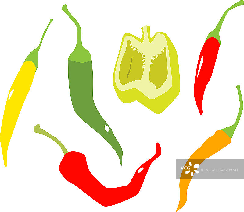 白色背景上扁平风格的各种辣椒图片素材