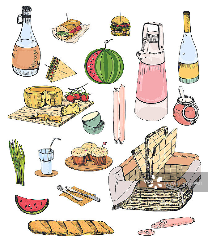 野餐食物或柳条篮内容物合集图片素材