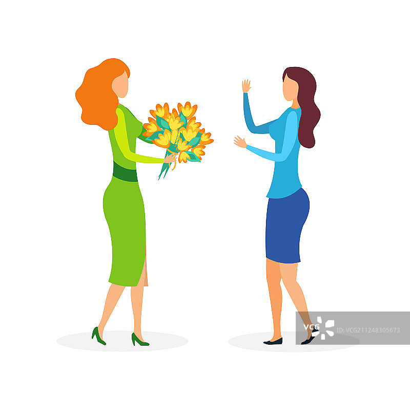 拿着鲜花的闺蜜（扁平风格）图片素材