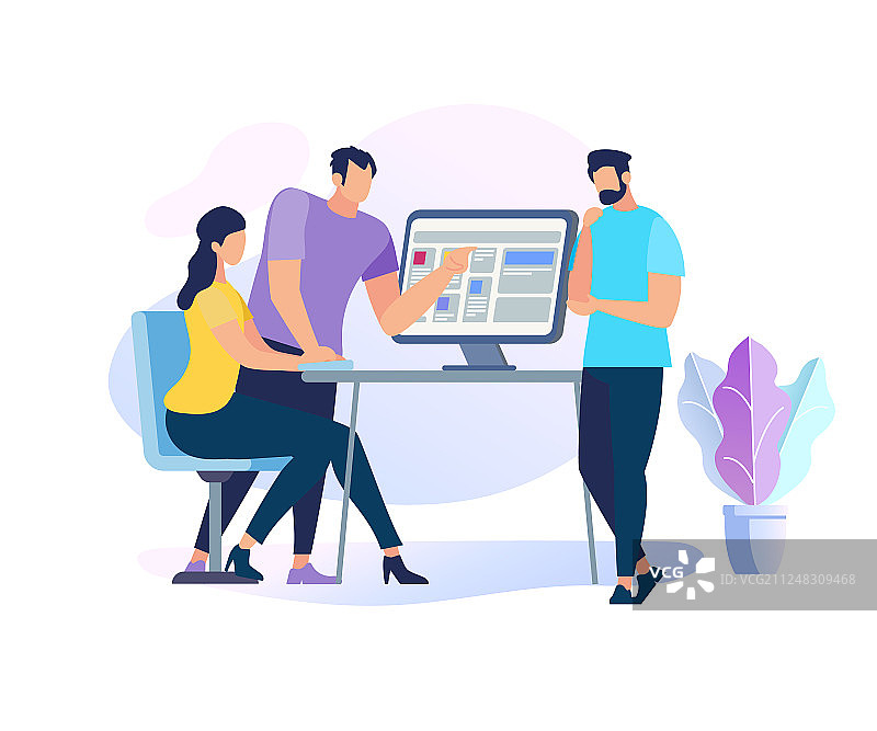 两名男子站在电脑前向女孩讲解信息图片素材
