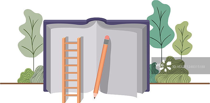 带有楼梯和风景的打开的书本图片素材