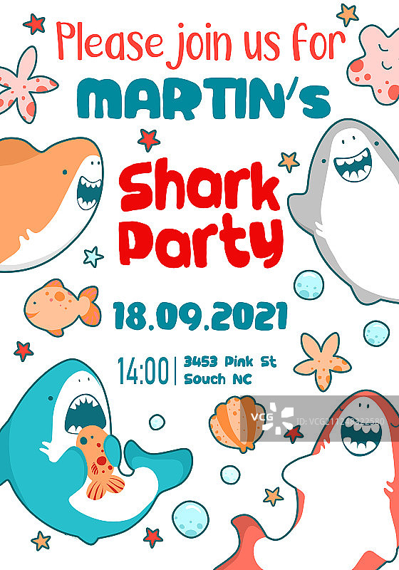 儿童假日可爱鲨鱼海洋鱼类邀请函图片素材
