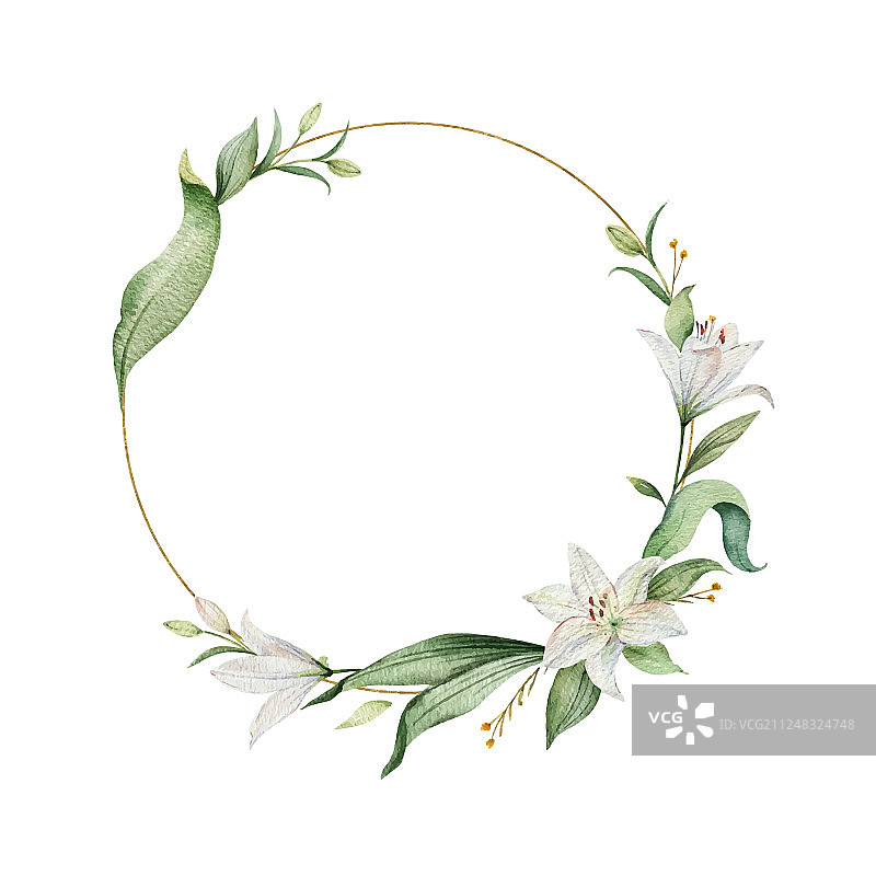 水彩百合花和绿色花环图片素材