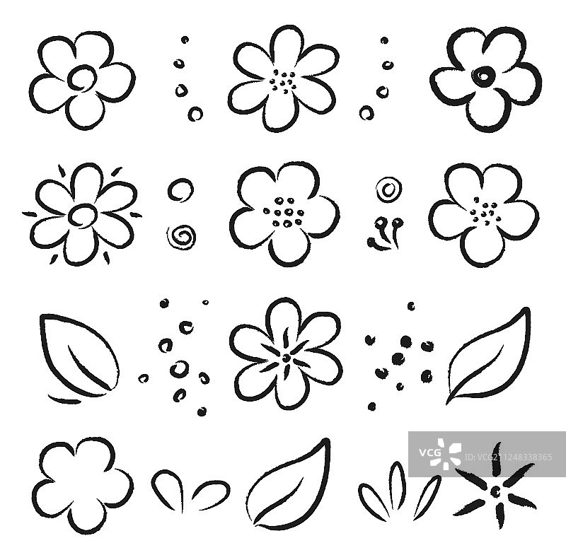 手绘黑色夏季花卉和叶子合集图片素材