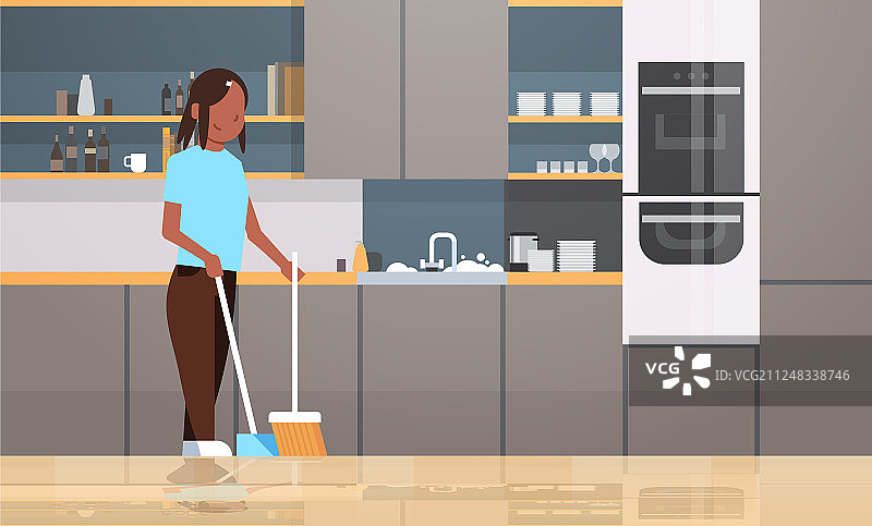 家庭主妇用扫帚和簸箕扫地图片素材