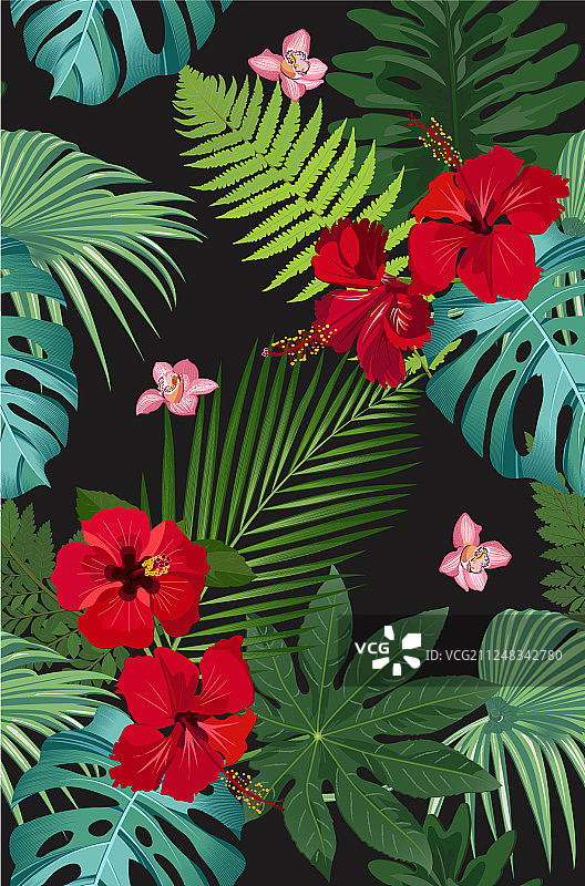 红色热带树叶无缝平铺图案图片素材