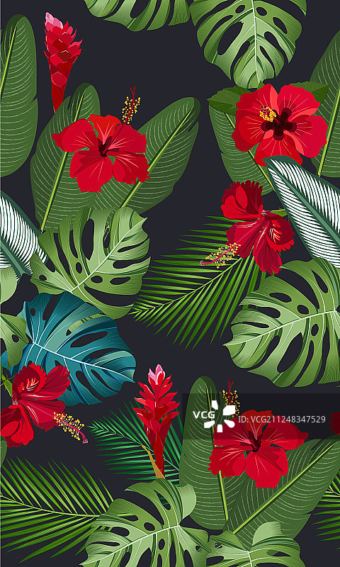 红色热带树叶无缝平铺图案图片素材