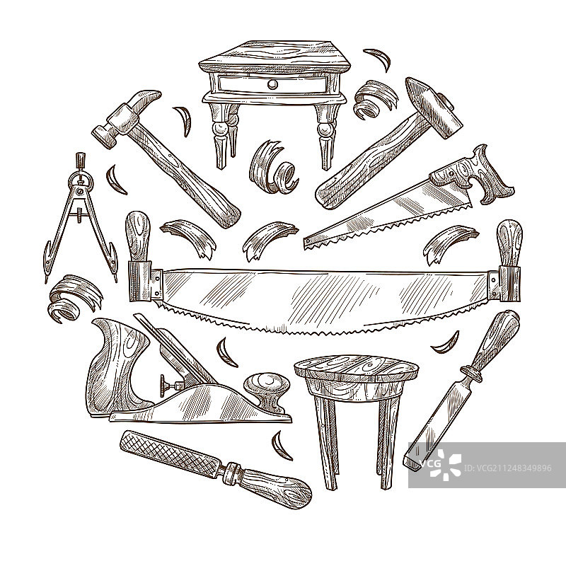 建筑仪器木工工具木材素描图片素材