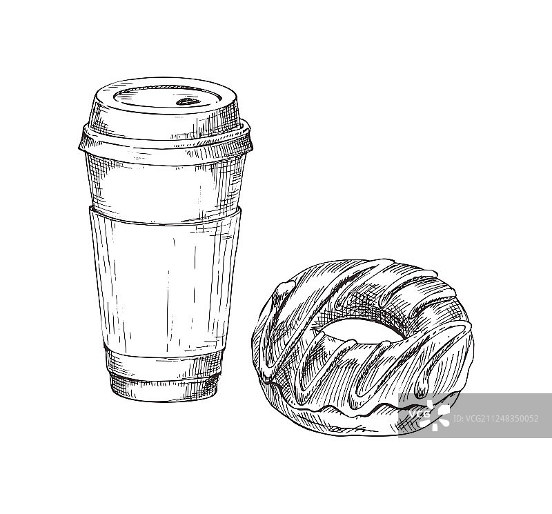 外卖咖啡或茶杯和甜甜圈图标集图片素材