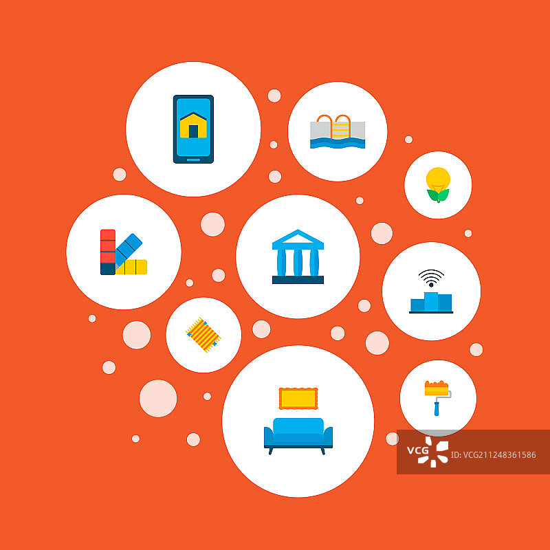 一组带有地毯的扁平风格城市图标符号图片素材