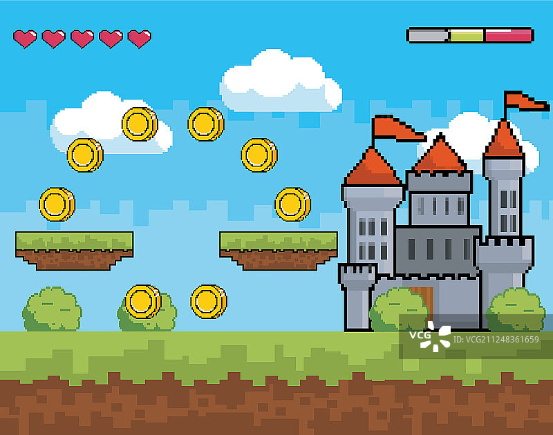 街机游戏世界和像素场景设计图片素材