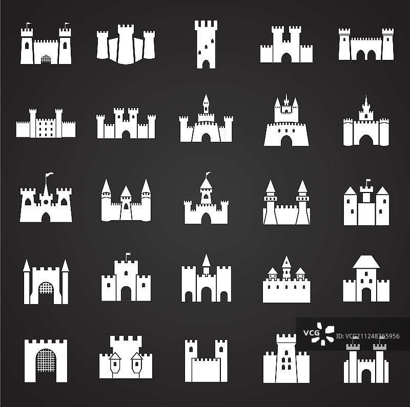 背景中的城堡图标集，用于图形和网页设计图片素材