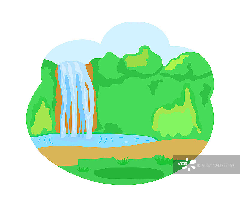 绿树环绕的瀑布湖泊自然风光图片素材