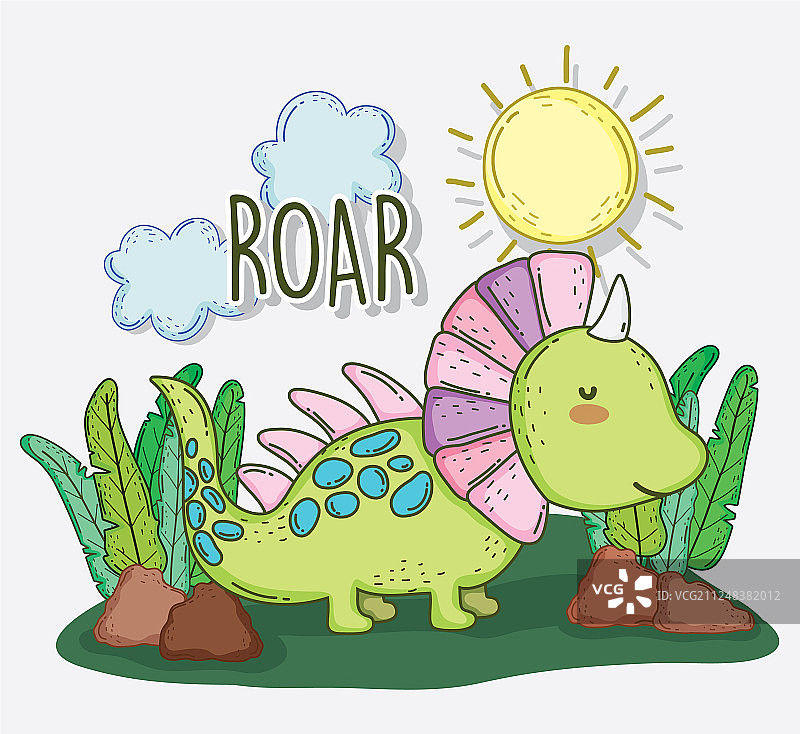 可爱的尖角龙动物与太阳和云彩图片素材