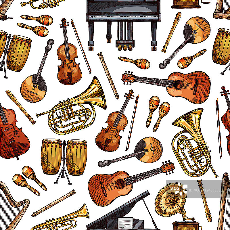 民间乐器素描无缝图案图片素材