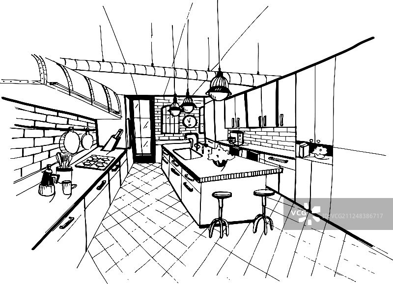 阁楼风格的现代厨房室内手绘图片素材
