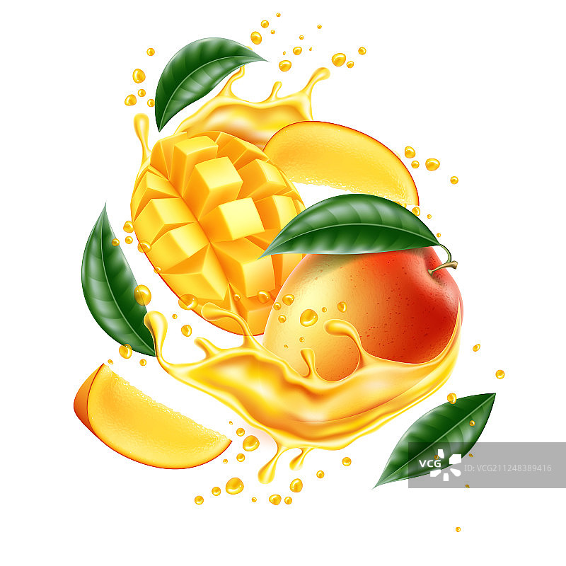 逼真芒果叶切片果汁飞溅图片素材