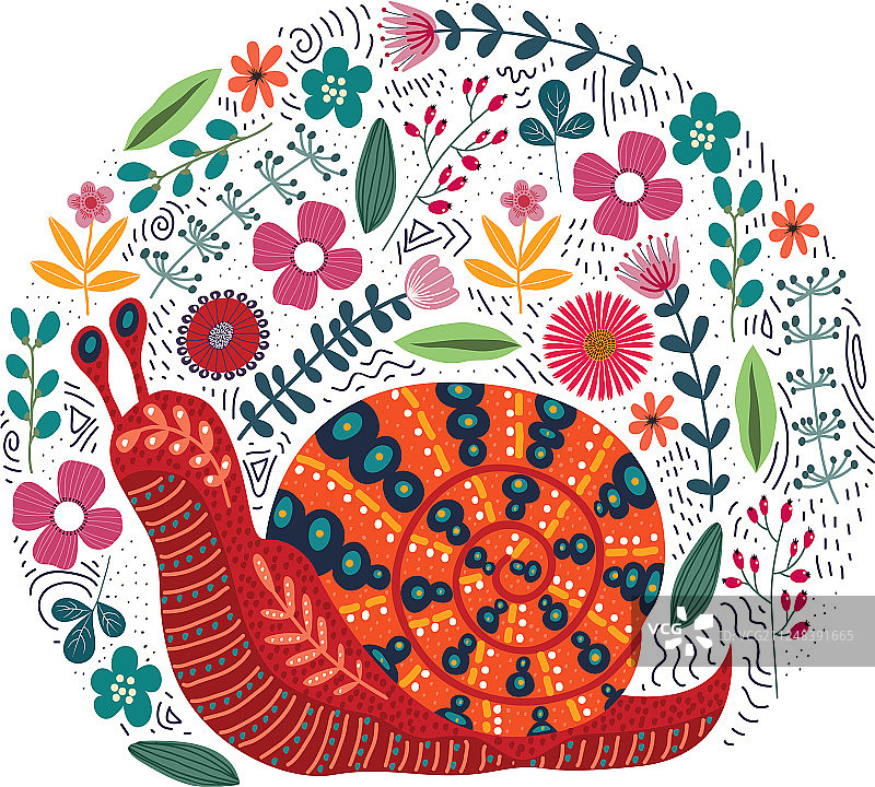 可爱的民间蜗牛和花朵图片素材