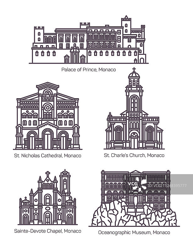 摩纳哥著名建筑细线合集图片素材