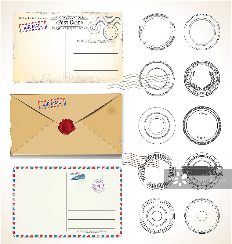 白色背景上的邮票明信片套装图片素材