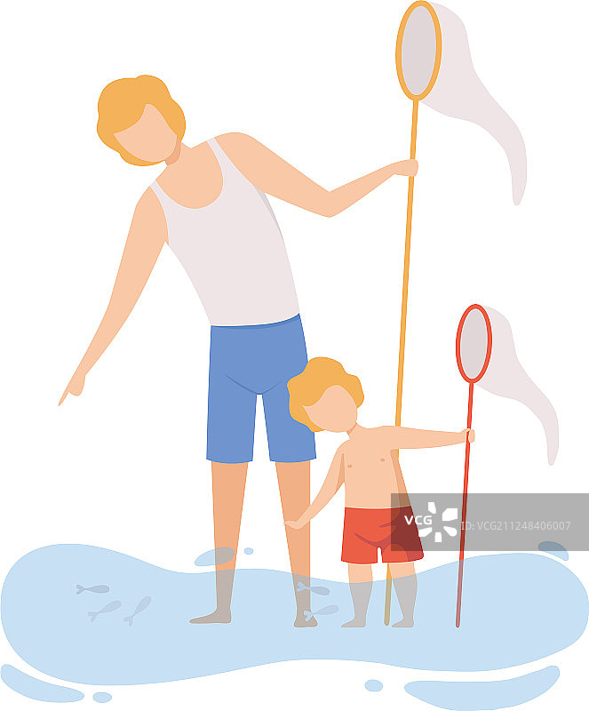 父亲和他的儿子用渔网捕鱼图片素材